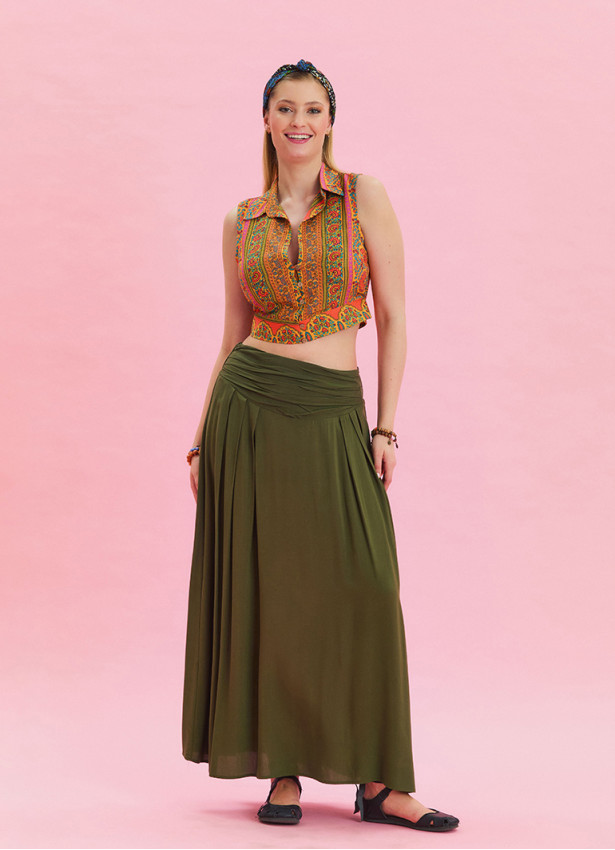 Khaki Bohemian Skirt with Elastic Waist and Drape Detail 4494